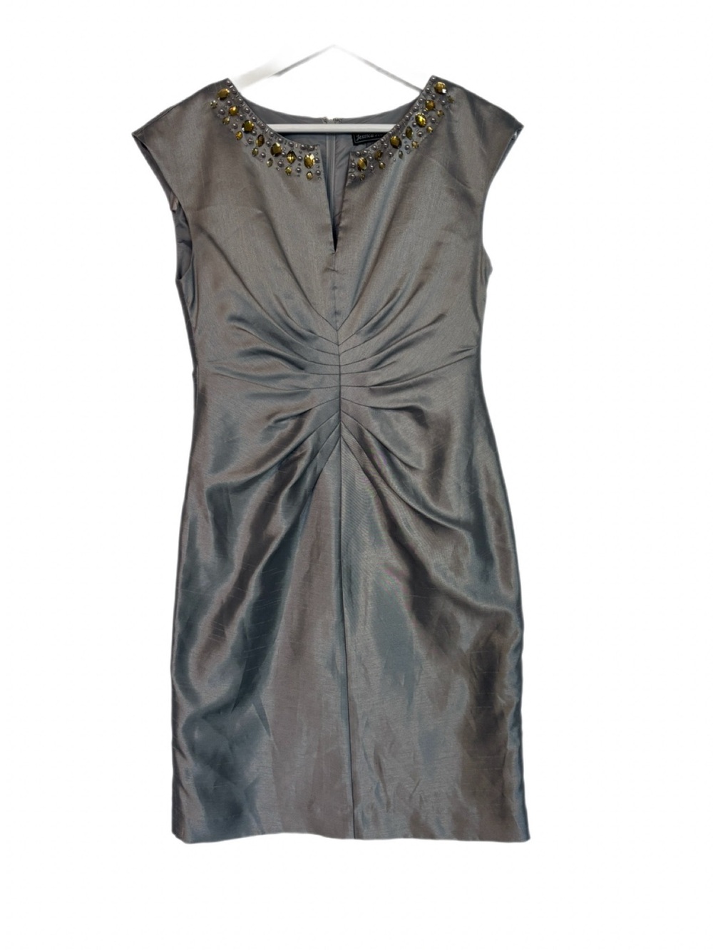 Jessica Howard Silver Sheath Dress Size 6 - Embellished Neckline & Ruched Front